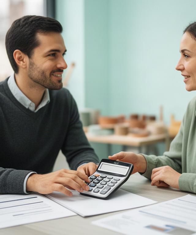 Finanzberater im Gespräch mit einem Handwerker an einem Tisch mit Taschenrechner und Unterlagen