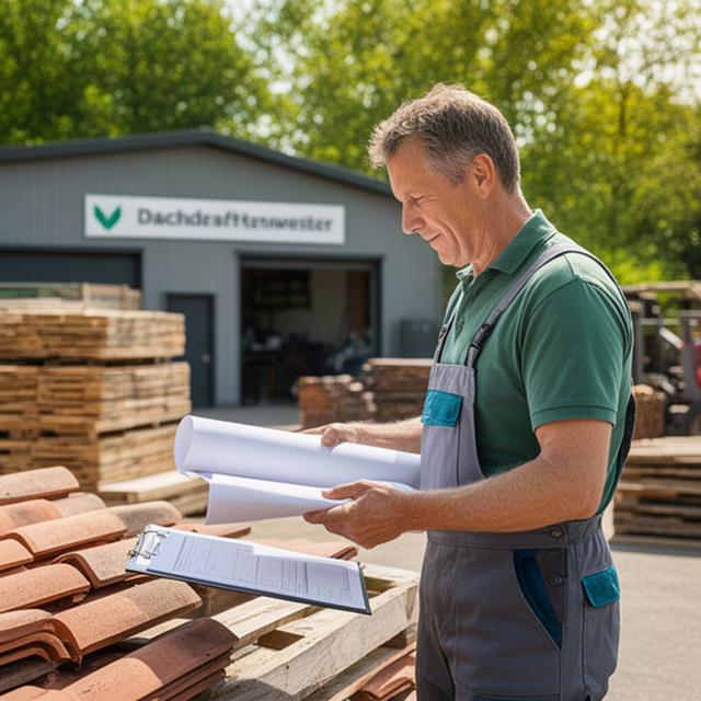 Dachdeckermeister bei der Planung eines Sommerauftrags vor seinem Handwerksbetrieb
