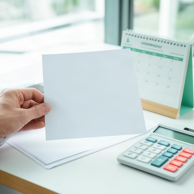 Hand einer angestellten Person mit Festgeldzertifikat an einem hellen Schreibtisch neben Kalender und Taschenrechner