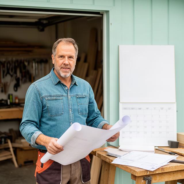 Handwerker mit Bauplan vor einer Werkstatt in Kalkar, daneben Kalender und Finanzunterlagen