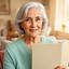 Seniorin Marianne mit silbernem Haar im Wohnzimmer neben einem Ordner für ihre Finanzplanung