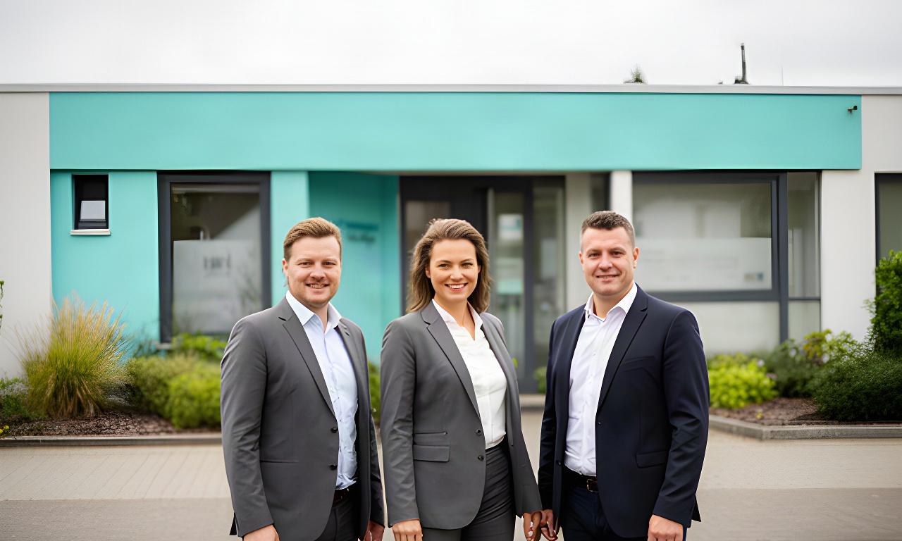 Drei Finanzberater von L&P Geldanlage GmbH vor dem Büro am Schwäwelsweg in Kalkar